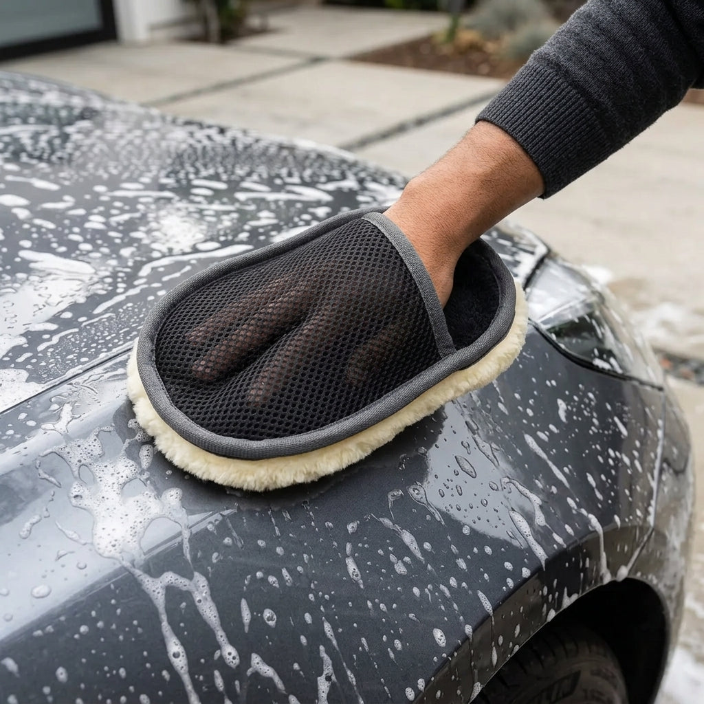 Person using a microfiber cleaning mitt on a car