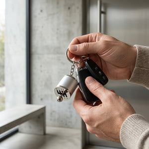 Hand holding a keychain with a key fob in front of a window.