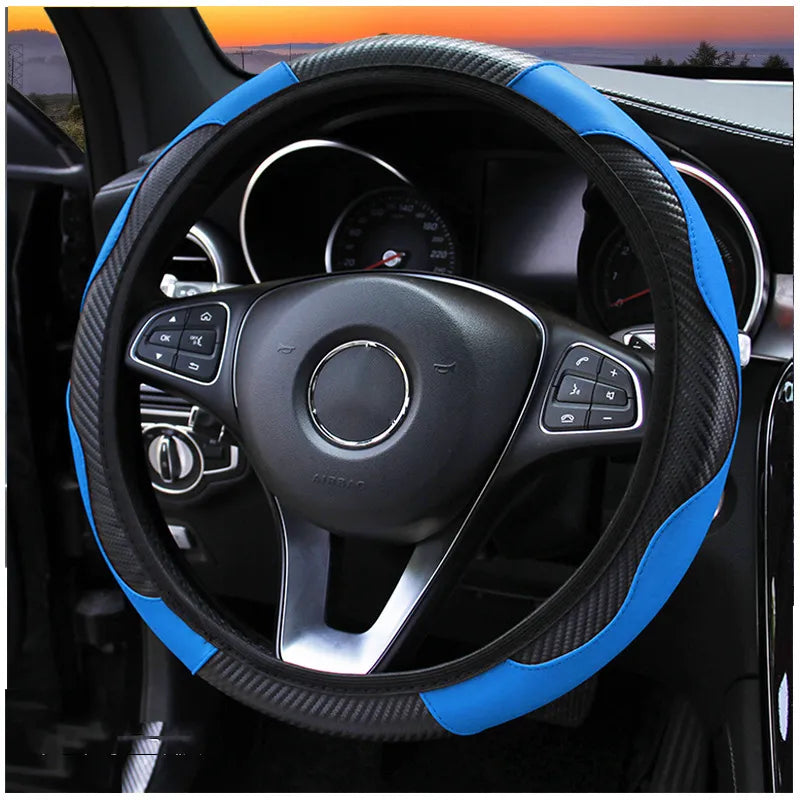 Steering wheel cover with blue trim on a car steering wheel