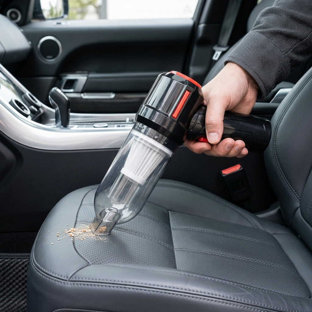 Person cleaning car interior with a handheld vacuum cleaner.