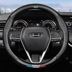 Steering wheel with Geely logo on a car dashboard