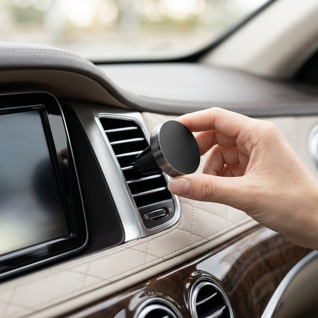 Hand placing a magnetic car mount on a car's air vent.