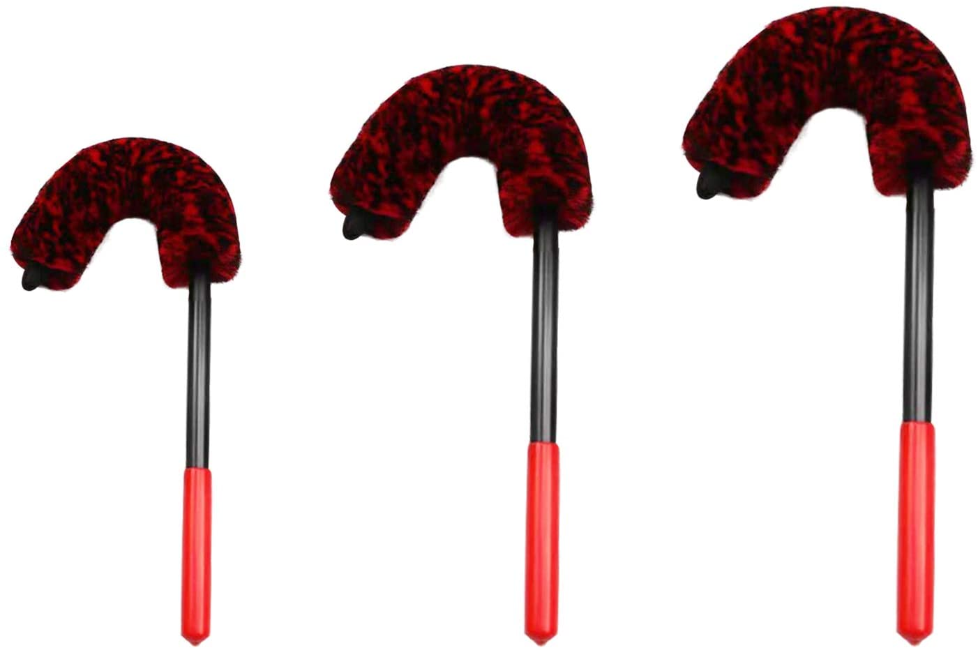 Three car dusters with red and black patterns on a white background