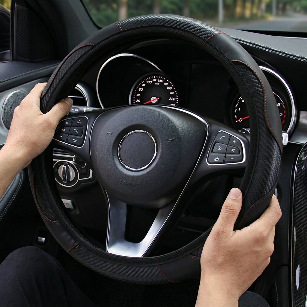Person holding a car steering wheel with dashboard in the background