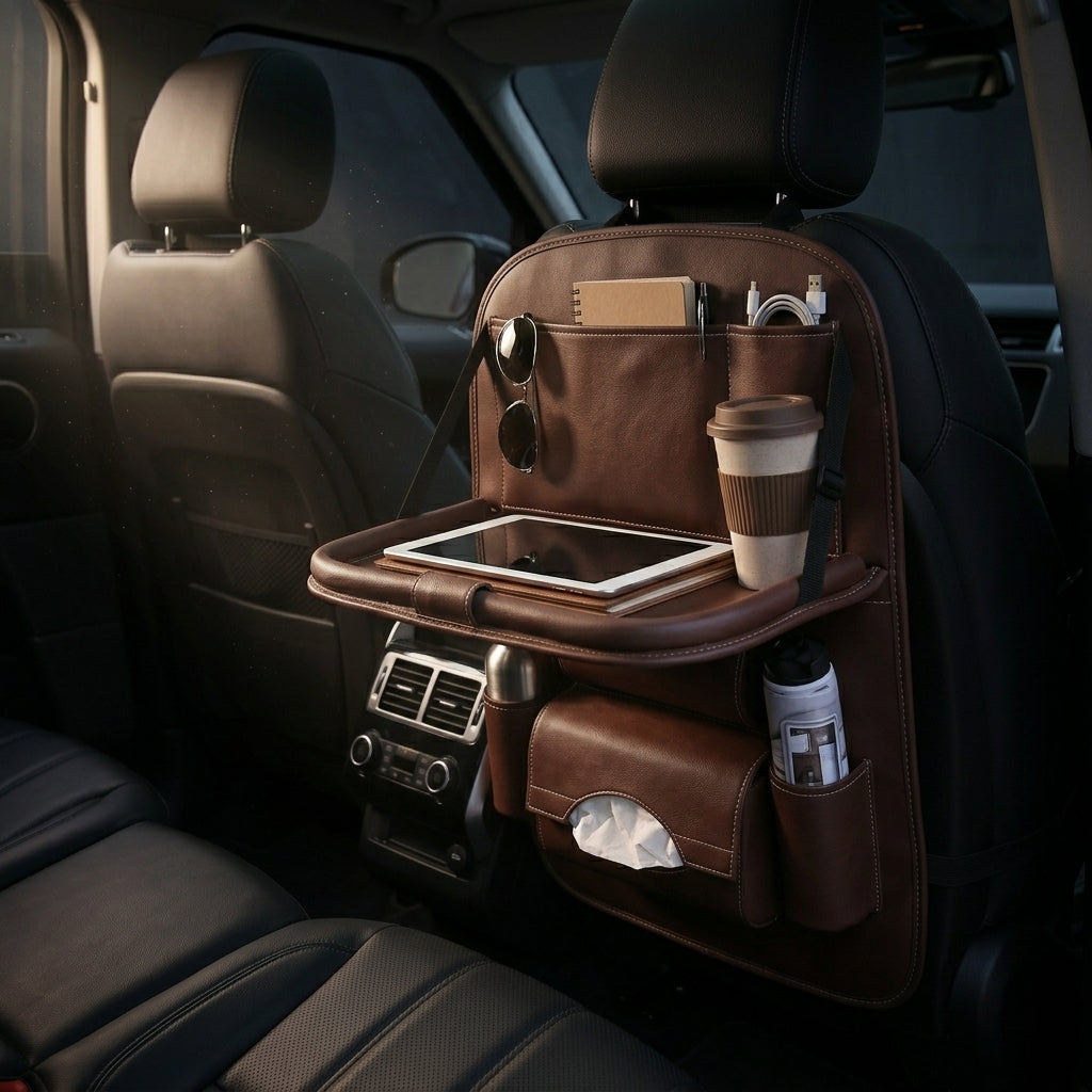Car back seat organizer with tablet, cup, and other items in a vehicle interior.
