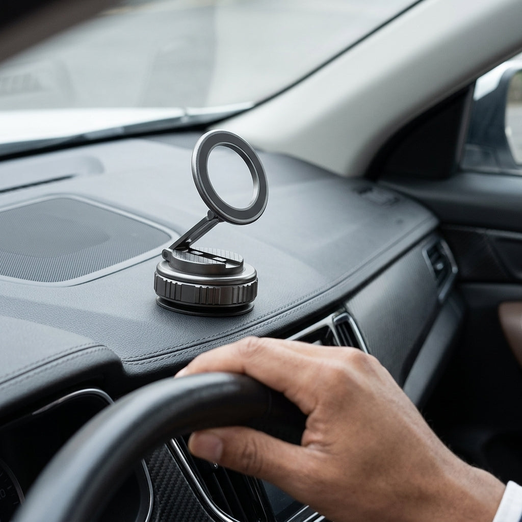 Car dashboard with a phone holder and a hand on the steering wheel