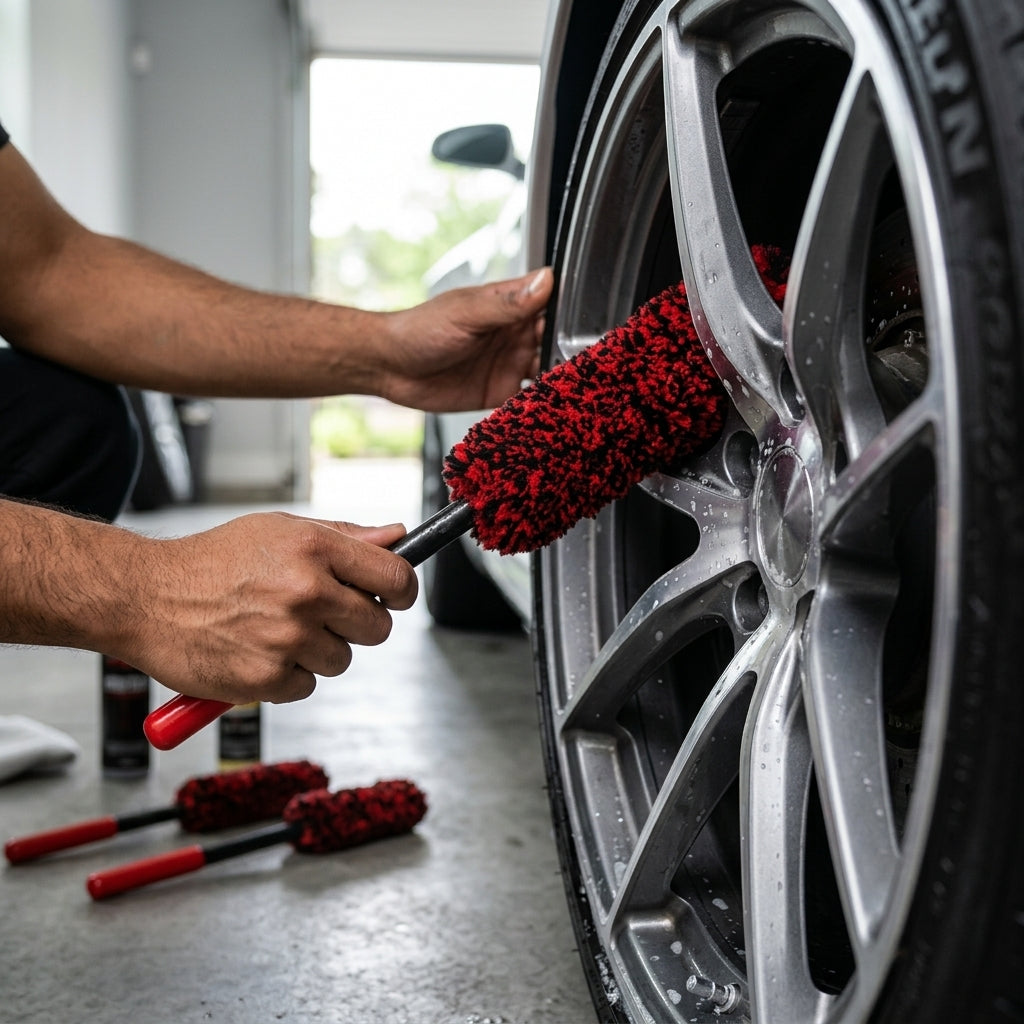 Person cleaning a car wheel with a red and black detailing brush in a garage setting.