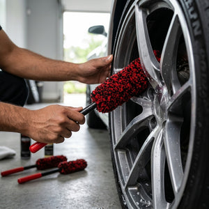 Person cleaning a car wheel with a red and black detailing brush in a garage setting.
