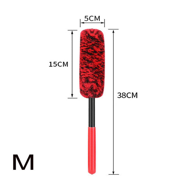 Red and black shoe brush with measurements on a white background