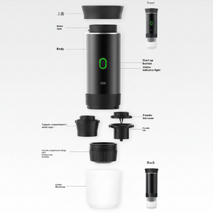 Black and white diagram of a coffee capsule device with labeled parts on a white background