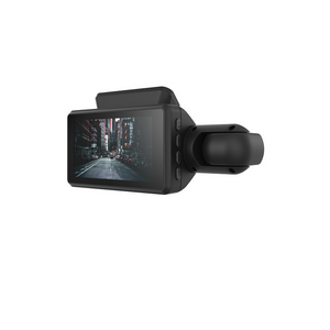 Black car dashboard camera displaying a road scene on a white background
