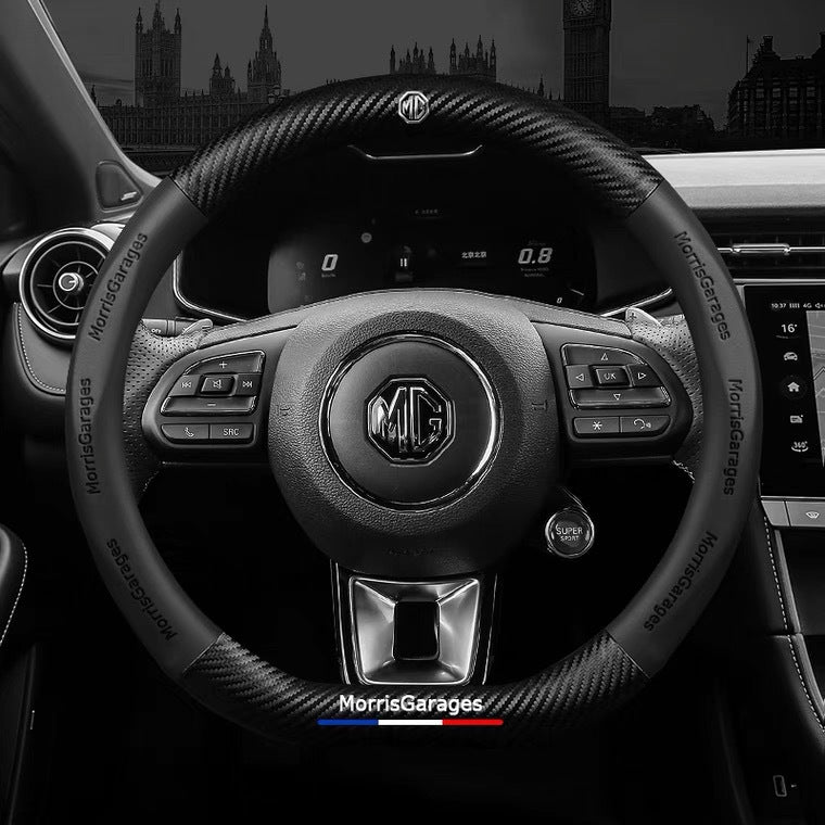 Steering wheel of a car with MorrisGarages branding, featuring the MG logo.