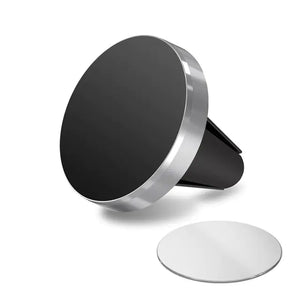 Black and silver car air vent phone holder on a white background