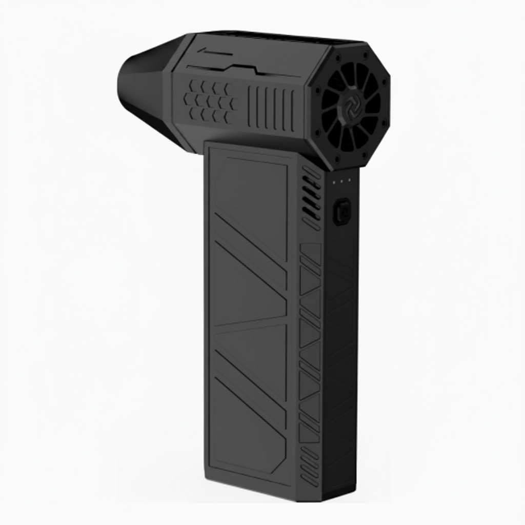 Black handheld device with a fan on a white background