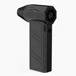 Black handheld device with a fan on a white background