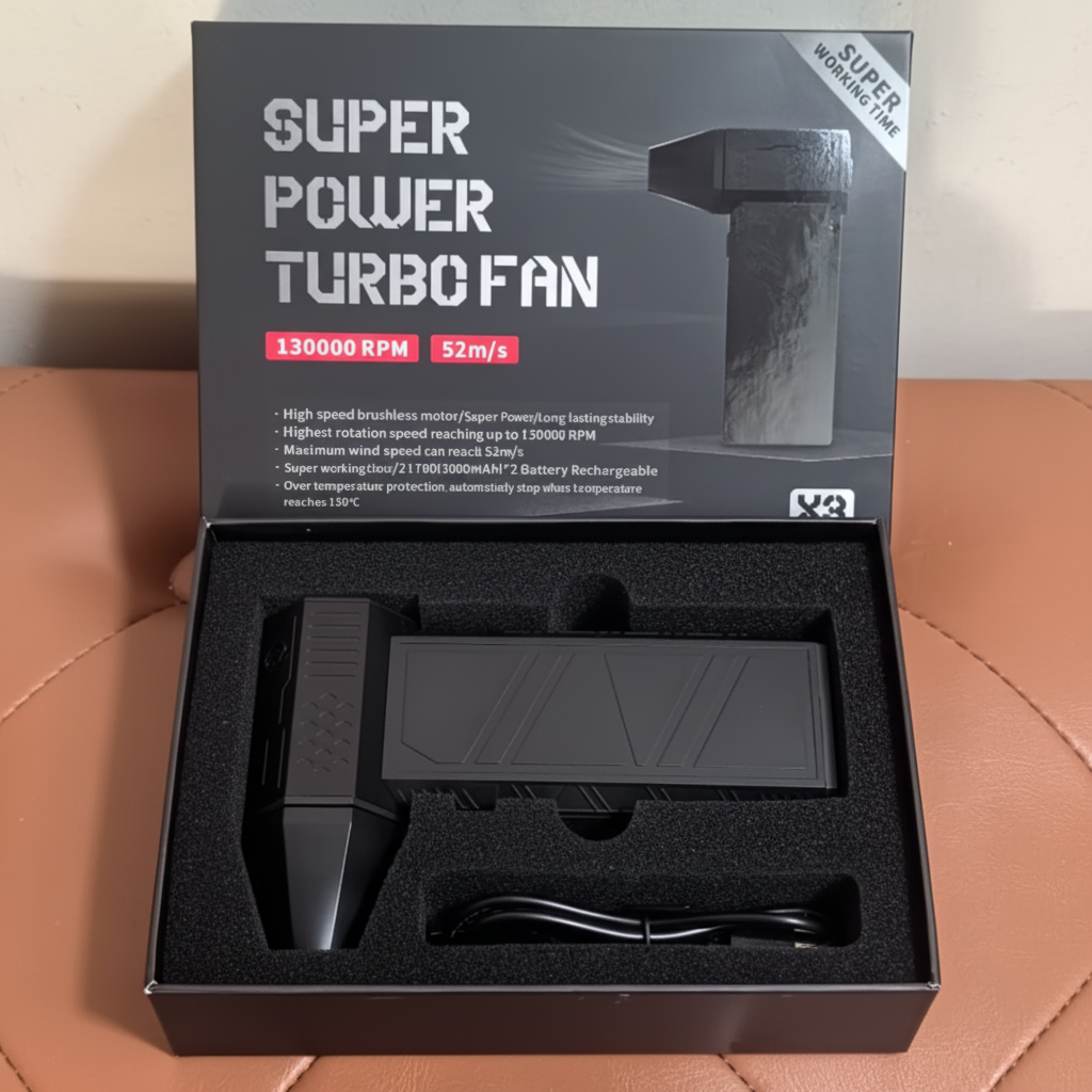 Super Power Turbo Fan packaging with fan and accessories on a brown surface
