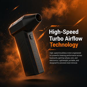Black high-speed turbo airflow device with orange flames on a dark background
