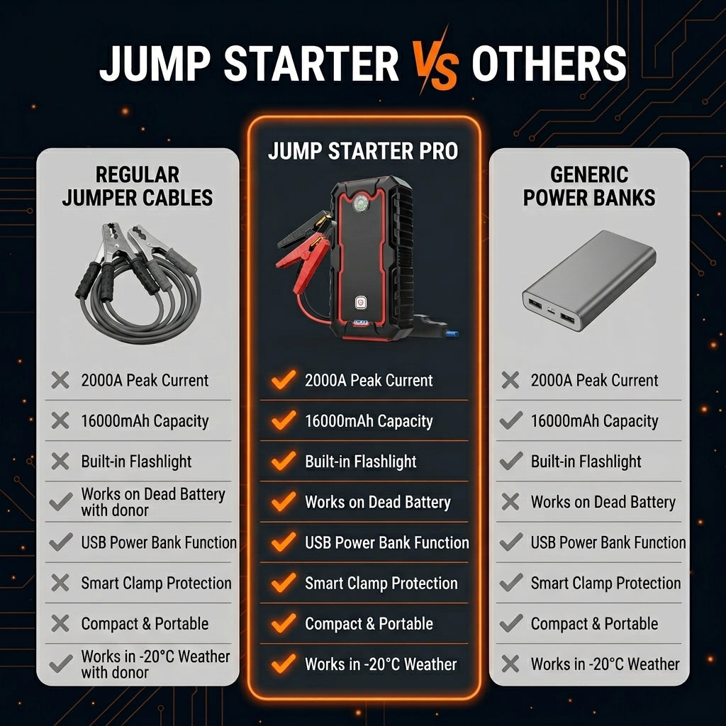 Comparison chart of jump starter, regular jumper cables, and generic power banks on a dark background.