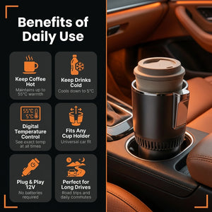 Car cup holder with a coffee cup and text detailing benefits on the left.