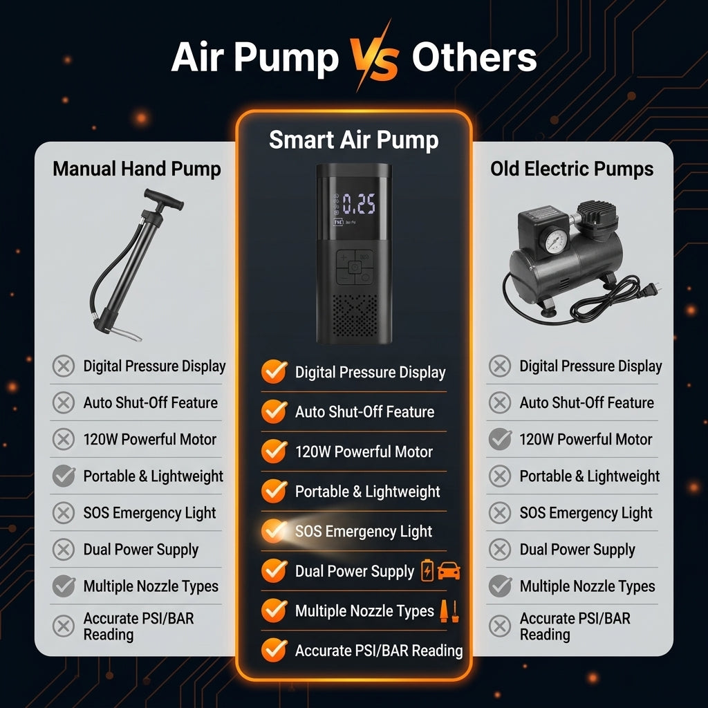 Comparison chart of manual hand pump, smart air pump, and old electric pumps with features listed.