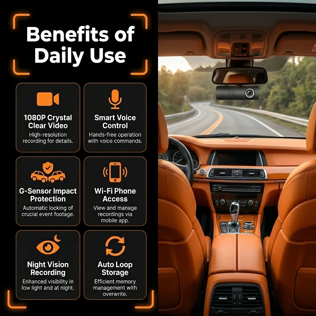 Car interior with a dashboard camera and features listed on the left.