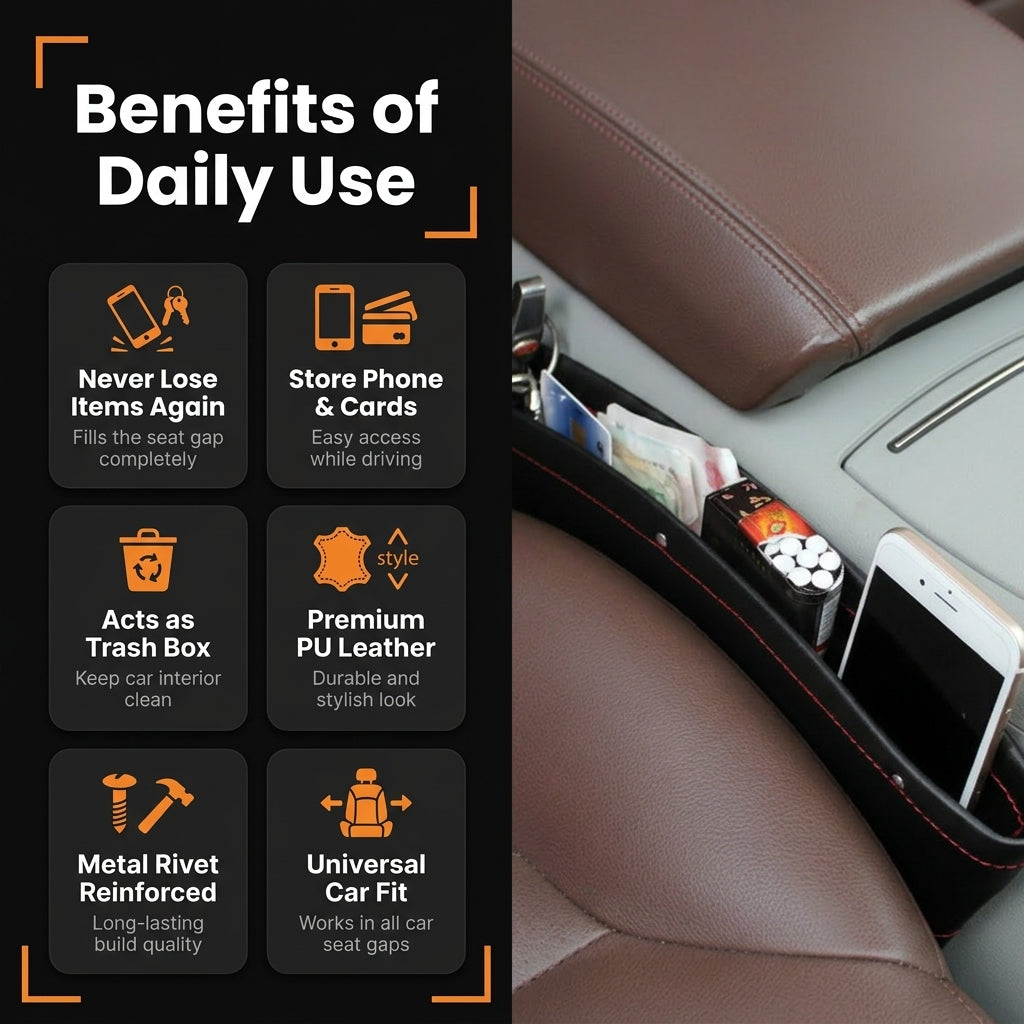 Car seat gap filler with features listed on a black background