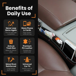 Car seat gap filler with features listed on a black background