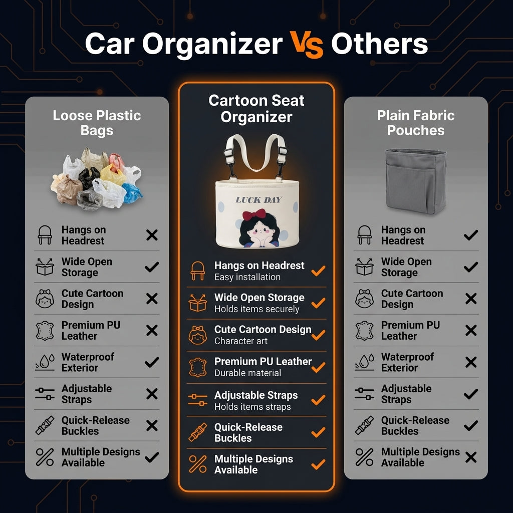 Comparison chart of a cartoon seat organizer with loose plastic bags and plain fabric pouches on a dark background.