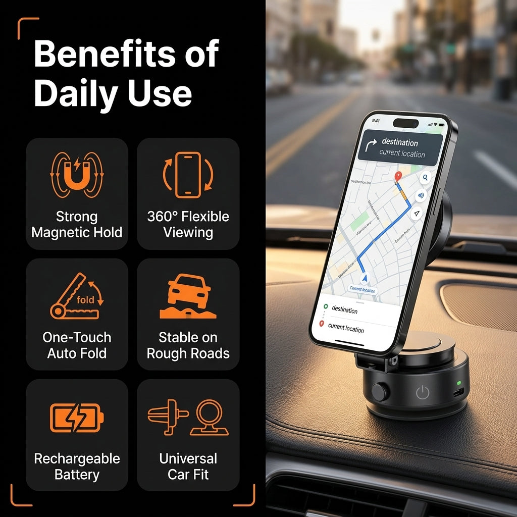 Phone holder with smartphone displaying navigation app, set against a blurred city street background.