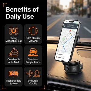 Phone holder with smartphone displaying navigation app, set against a blurred city street background.