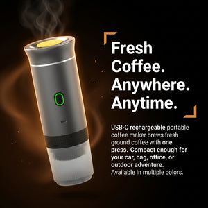 USB-C rechargeable portable coffee maker with text 'Fresh Coffee. Anywhere. Anytime.'