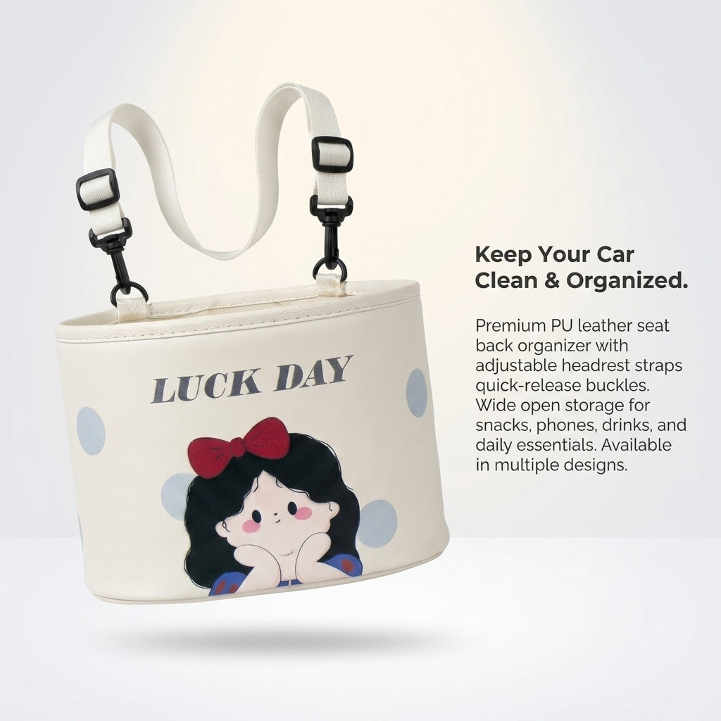 Car seat organizer with cartoon character design and text 'Luck Day' on a white background