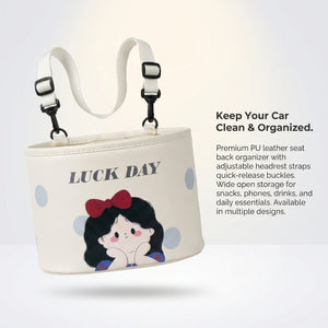 Car seat organizer with cartoon character design and text 'Luck Day' on a white background