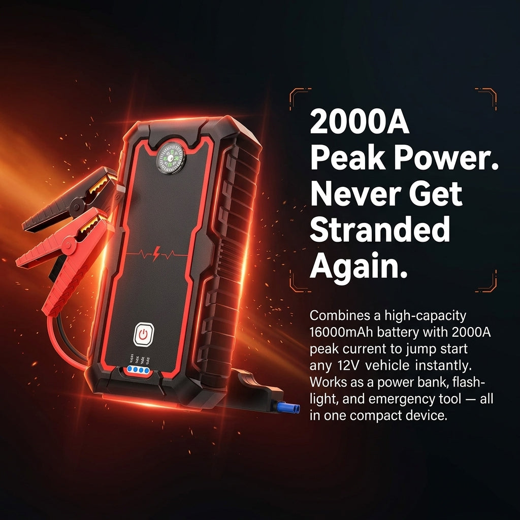 Red and black jump starter with power bank and flashlight features on a dark background