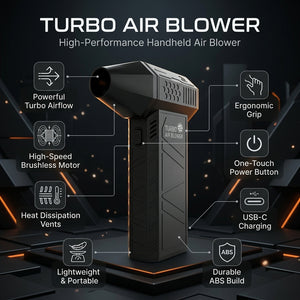 Turbo air blower with features highlighted on a dark background