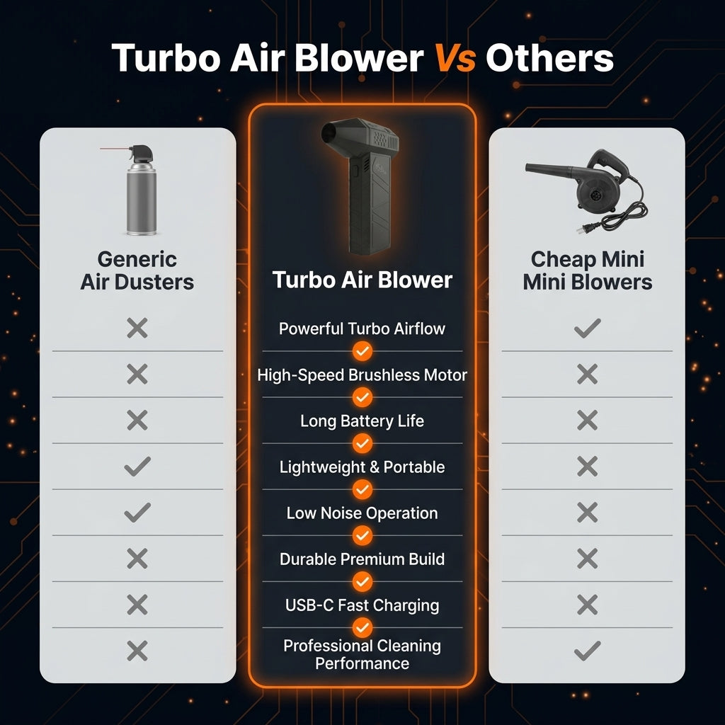 Comparison chart of turbo air blowers versus generic air dusters and cheap mini blowers on a dark background.