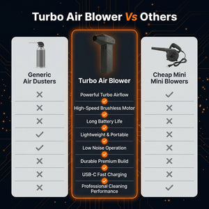 Comparison chart of turbo air blowers versus generic air dusters and cheap mini blowers on a dark background.
