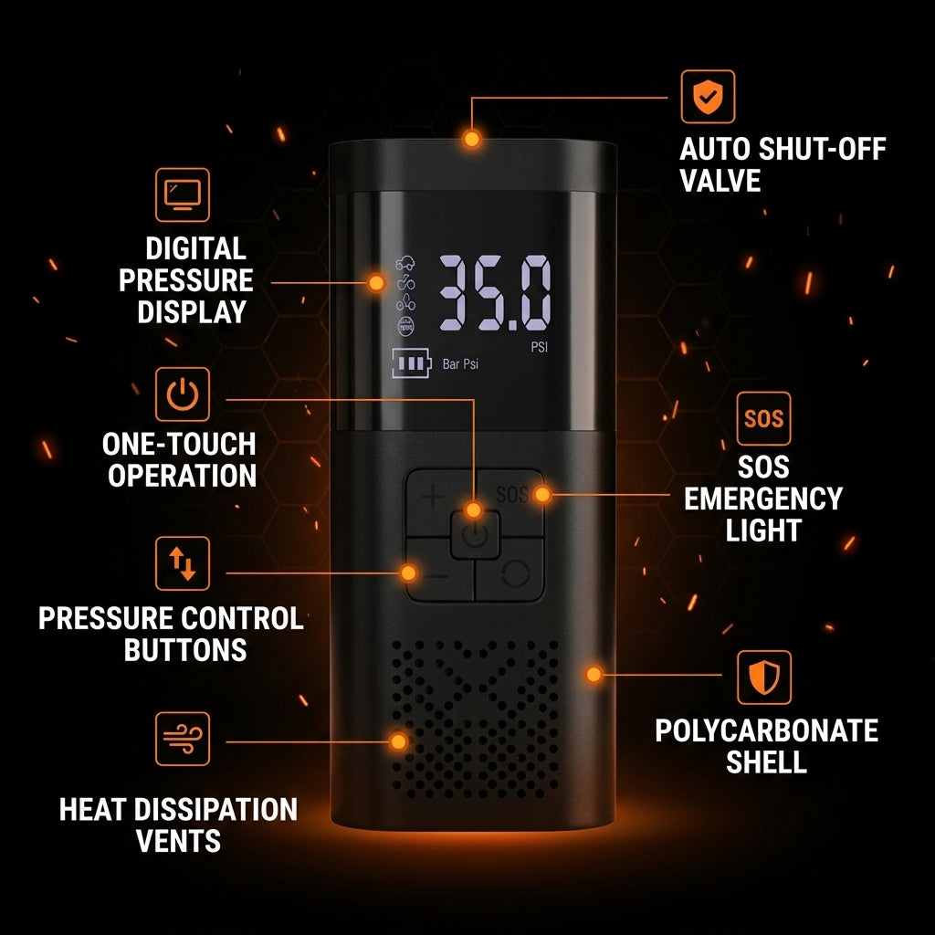 Black digital pressure gauge with features highlighted on a dark background