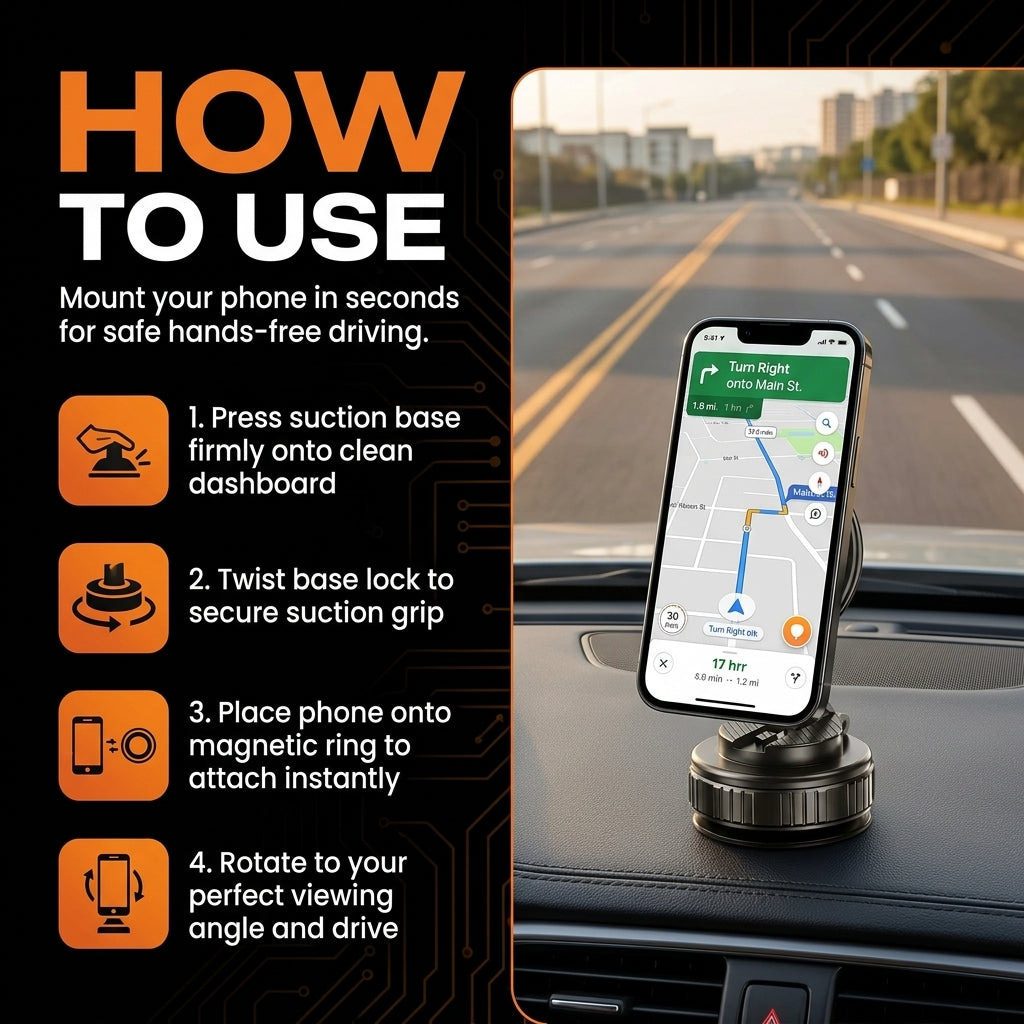 Car phone mount with step-by-step instructions on how to use it, displayed on a road background.