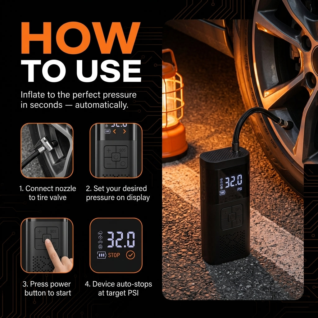 Digital tire inflator with instructions on how to use it, shown next to a car tire.