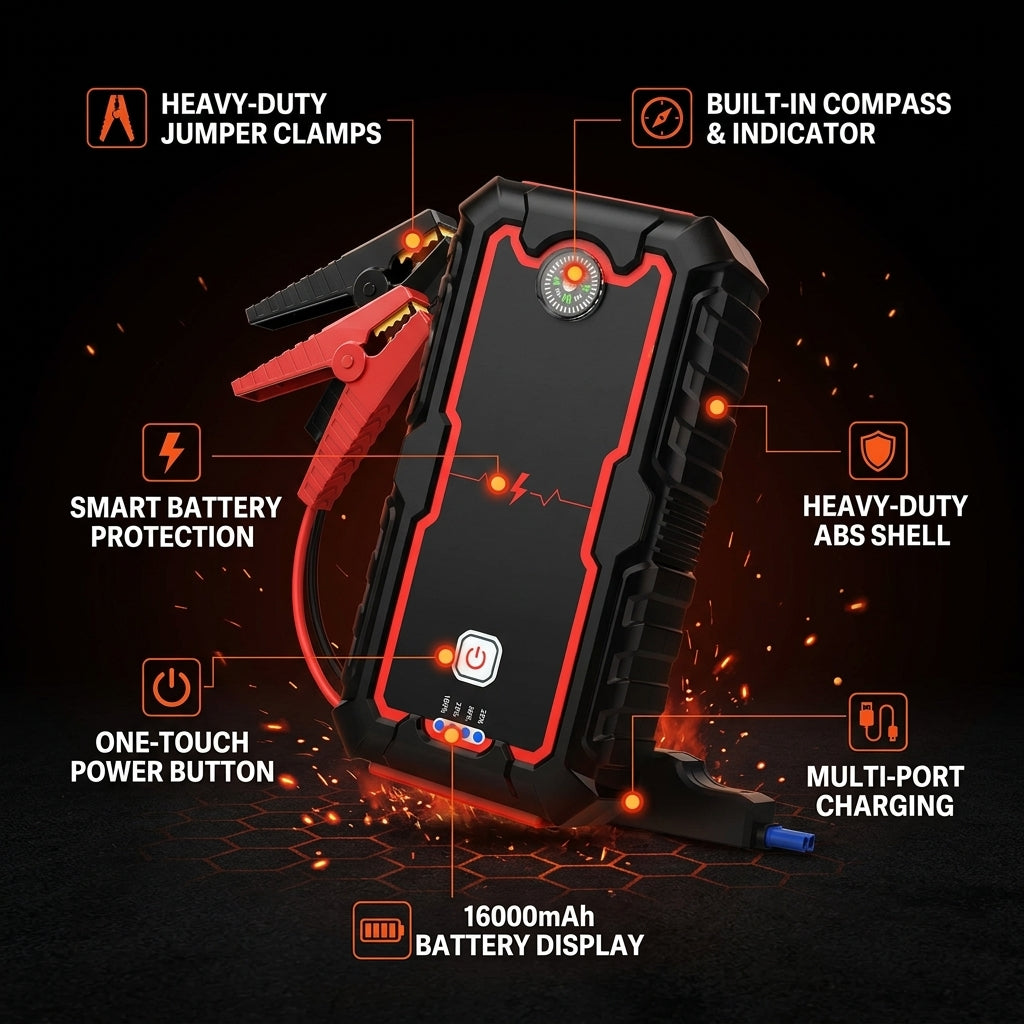 Portable jump starter with features highlighted on a dark background