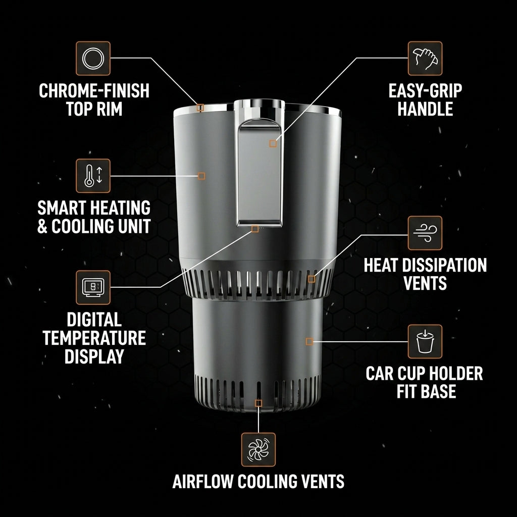 Car cup holder air freshener with labeled features on a black background