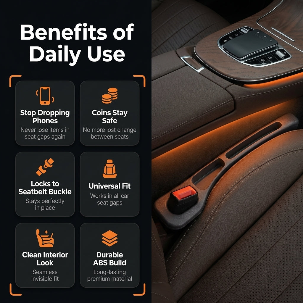 Car seat organizer with benefits listed on a dark background