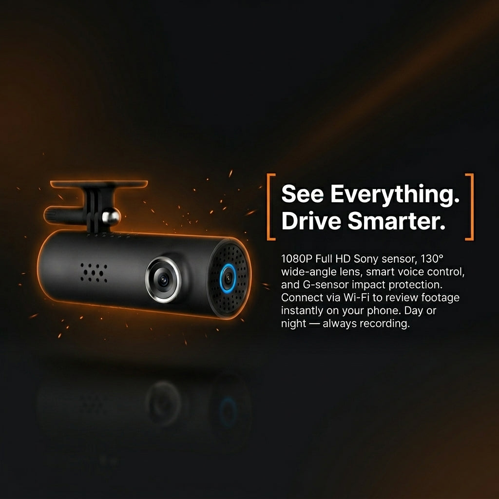 Car dashboard camera with features highlighted on a dark background