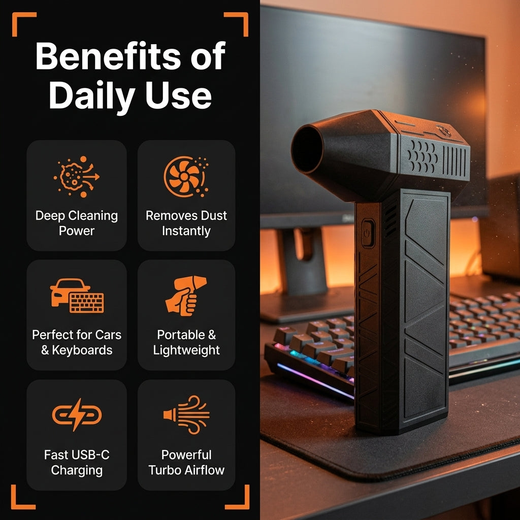 Black handheld vacuum cleaner with features listed on a dark background