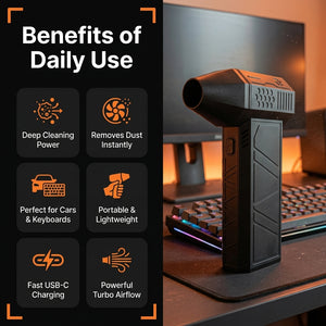 Black handheld vacuum cleaner with features listed on a dark background