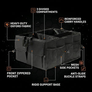 Black car trunk organizer with features highlighted on a black background