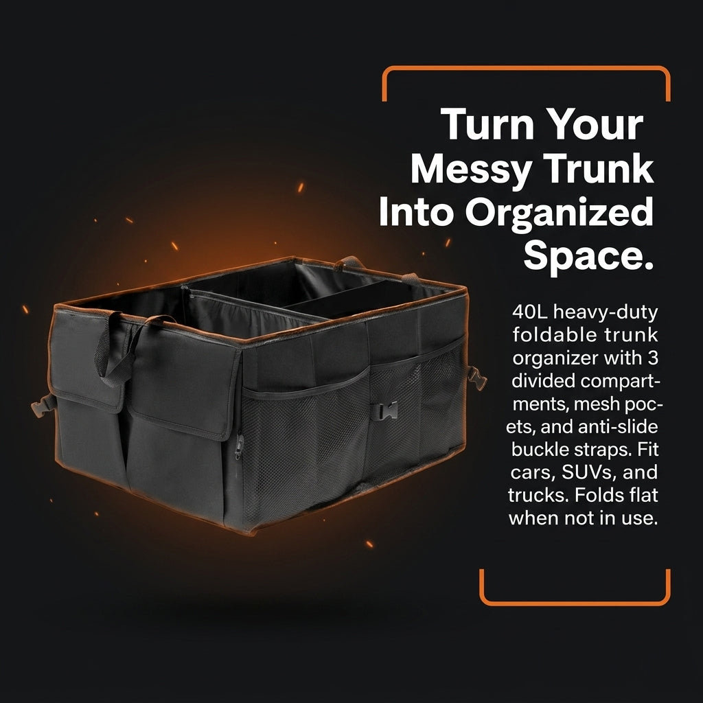 Black trunk organizer with text on a dark background