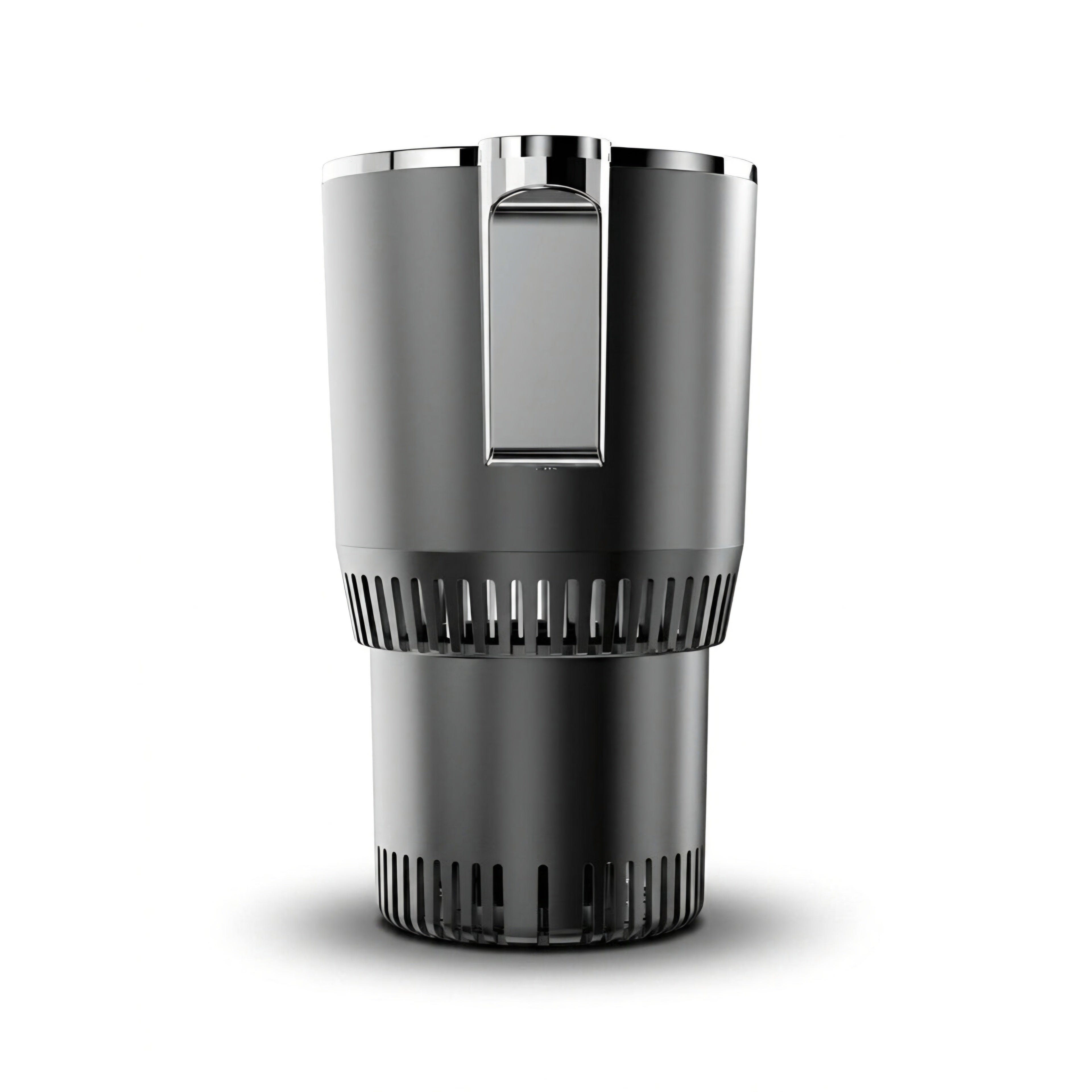 Black and silver cylindrical device on a white background