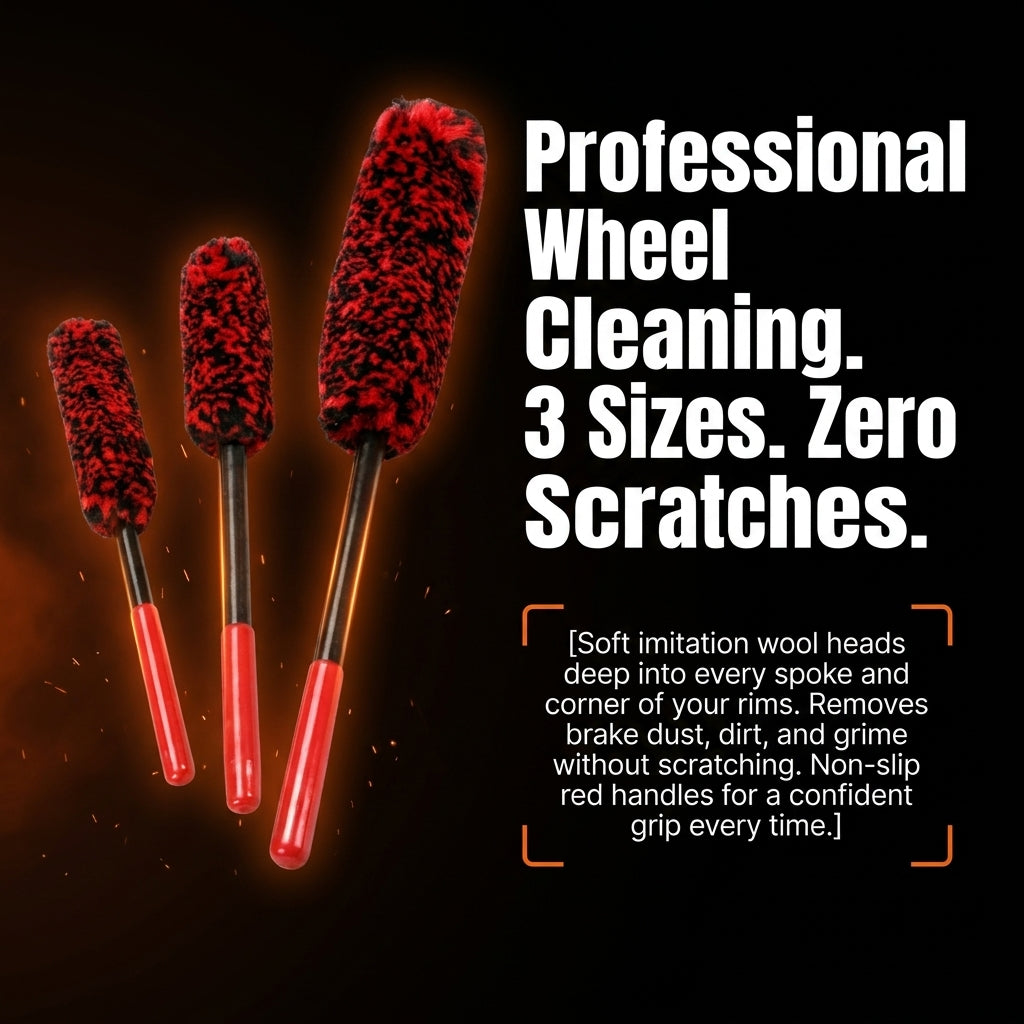 Three red and black wheel cleaning tools with text on a dark background